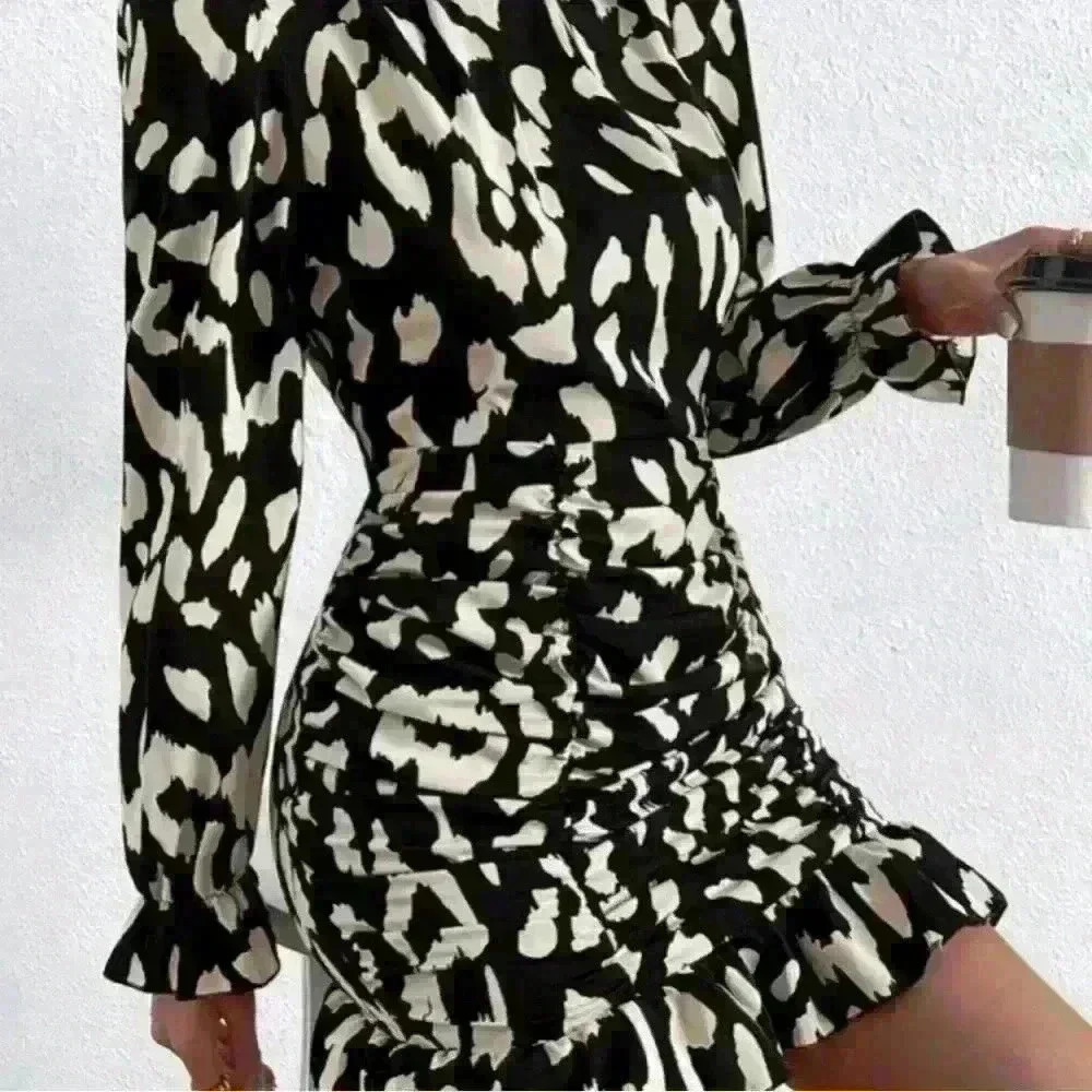 Women Multicolored Allover Print Sleeve Ruffle Dress size S